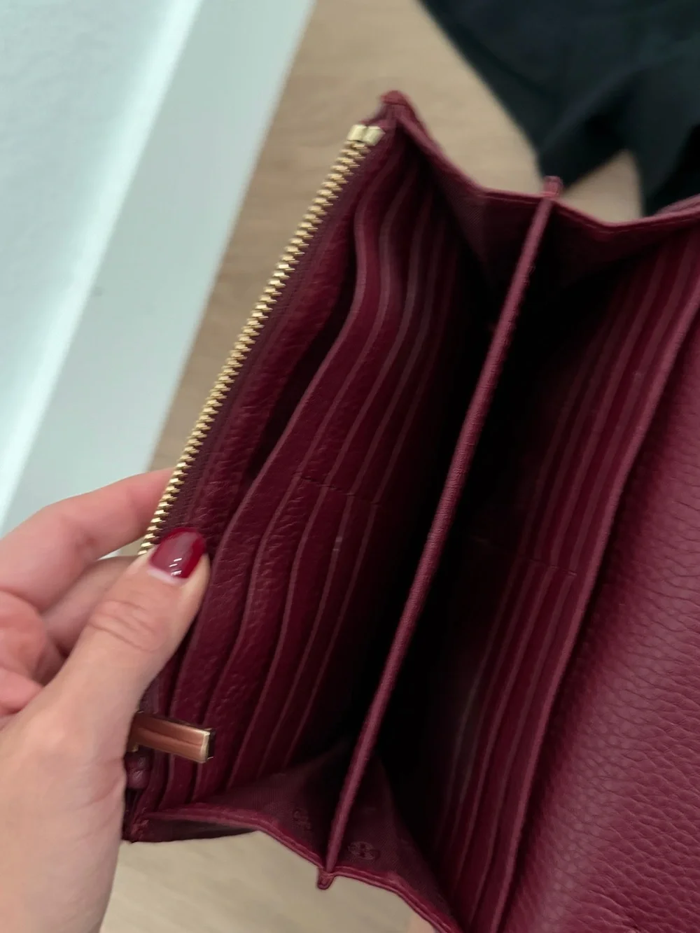 Tory Burch Burgundy Pebbled Leather Crossbody with Gold Logo Chain